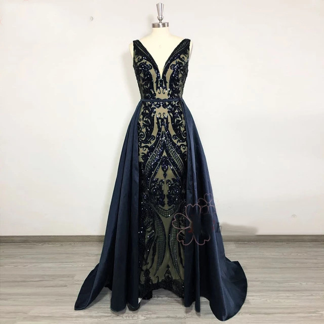 Sparkly Sequin Emerald Green Evening Dress With Detachable Train Arabic Dubai Mermaid Prom Dress 2 in 1 Plus Size V Neck Party African Women Vestidos 