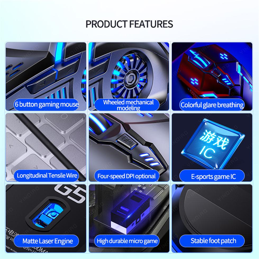 G5 Wired PC Mouse Inphic USB Mice 3200DPI Adjustable 6 Programmable Buttons colourful breath Optical Tracking Ergonomic Str