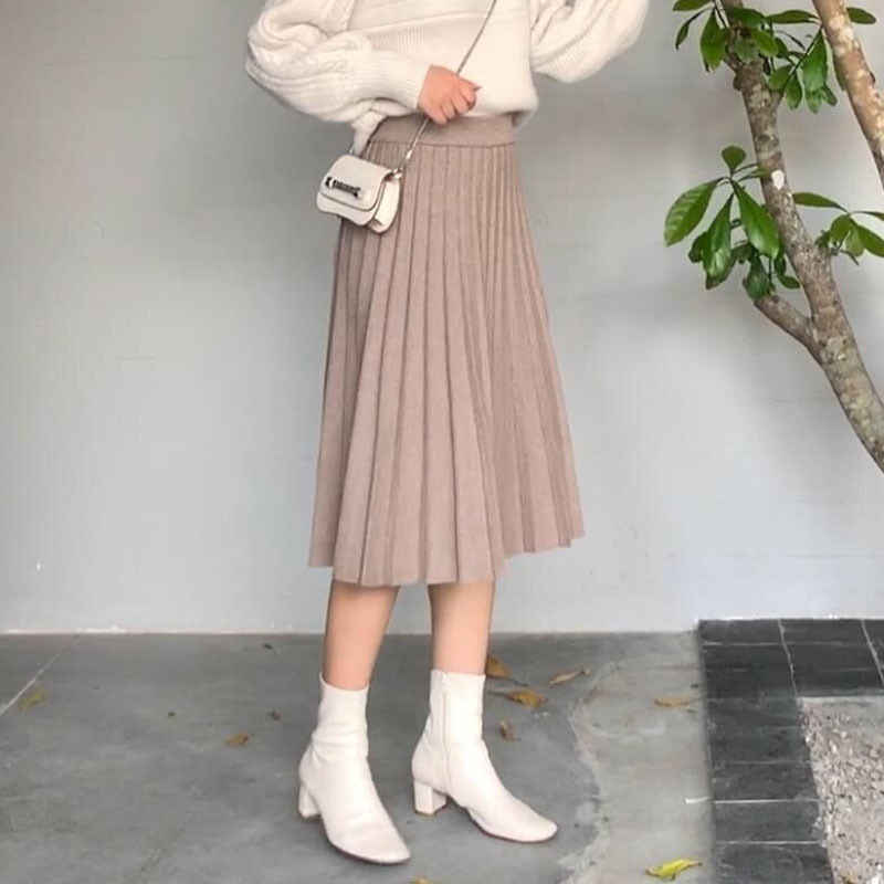 Lucyever Spring Autumn Knitted Skirt Women Fashion High Waist Pleated Midi Skirts Female Elegant Chic Solid A Line 220317