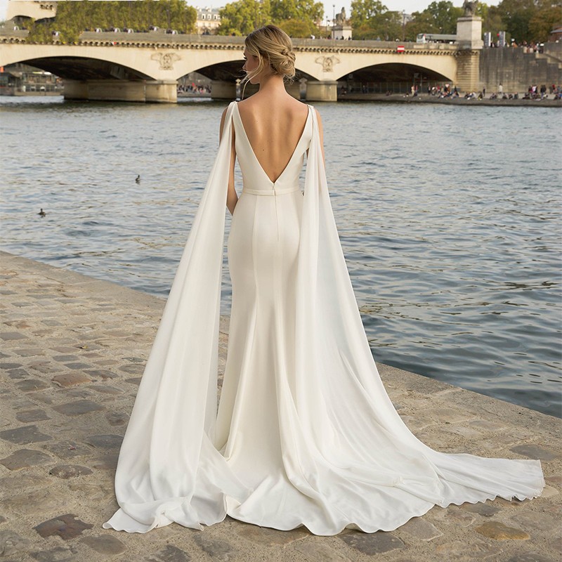 Simple V-Neck Mermaid Wedding Dress 2022 Backless New Detachable Chiffon Drape Zipper Beach Bridal Gowns Summer Vestidos De Noiva
