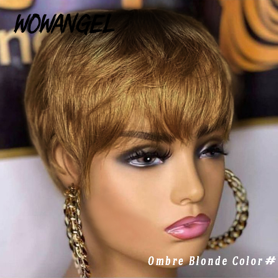 Short Pixie Cut Human Hair Wig Ombre Blonde Color Straight Bob Wigs With Bangs for Black Women Full Machine Made