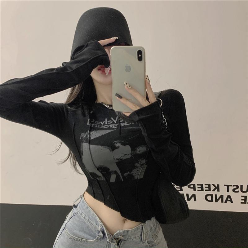 Yedinas Casual Slim T-shirt For Women O Neck Long Sleeve Sexy Crop Top Grunge Letters Print Female Korean Fashion Clothing 220328