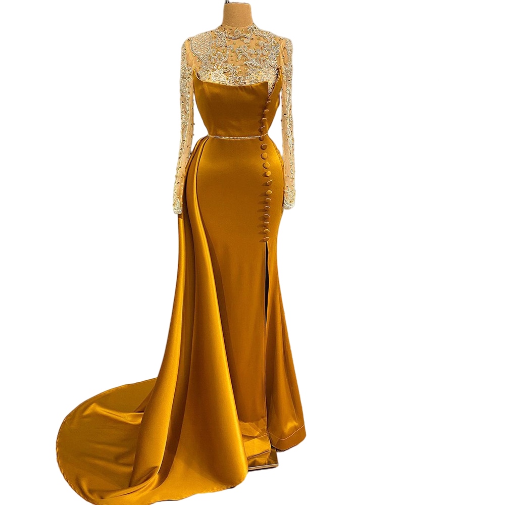 Mermaid Arabic Evening Dresses for Women 2022 bright gold Dubai Long Sleeves Crystal Handmade Prom Formal Party Gowns