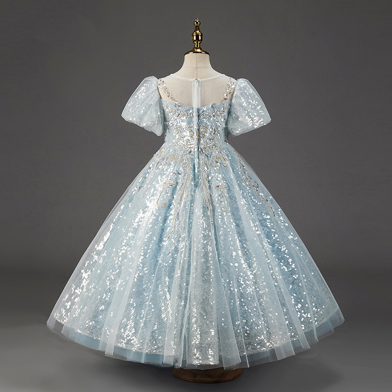 2023 Cute Light Sky Blue Girls Pageant Dresses Princess Tulle Lace sequined Pearls Kids Flower Girl Dress Ball Gown Birthday Gowns Floor Length Hand M