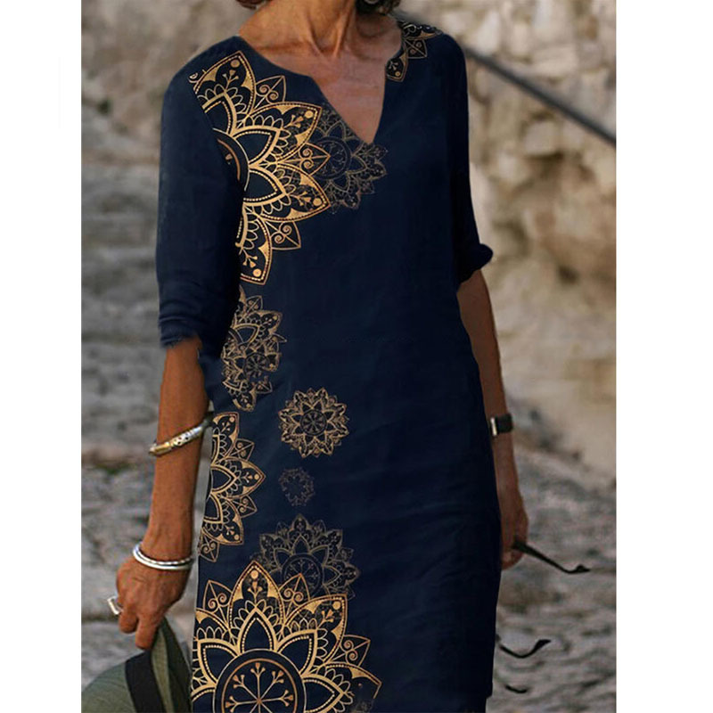 Printed Loose Satin Night Dress Women's Fashion Casual Half Sleeve Vintage Spring Summer V-neck All-match Beach Dresses 220511