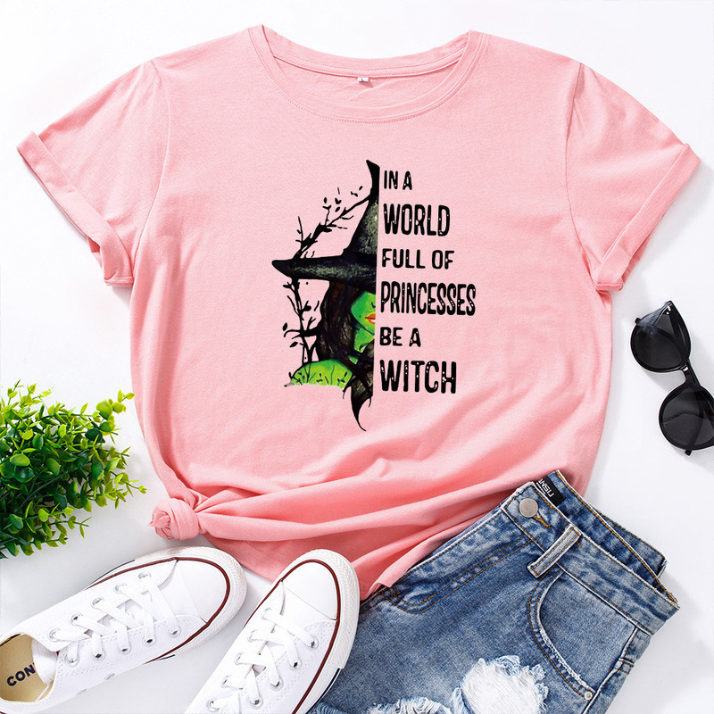 JCGO Fashion Summer T Shirts Women Casual Graphic Cotton Halloween Witch Print Female Short Sleeve Tshirt Vintage Lady Tops Tees 220321