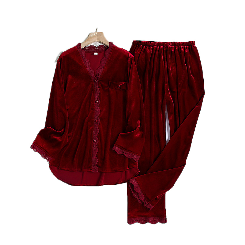 Fashion Velvet 2 Pieces Warm Autumn Winter Pajamas Sets Women Sexy Pajama Sleepwear Suit Nightwear Bedroom Lingerie Set Trousers 220329