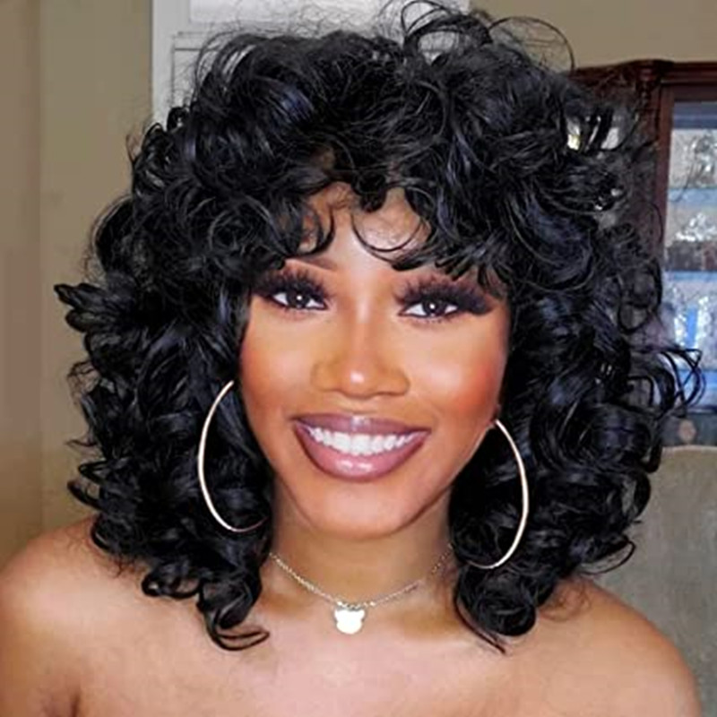 African American real human Short Curly Wigs Soft Black Big Curly Wig with Bangs Afro Kinky Curls boucy curl Natural Looking machine made cap 150%dens