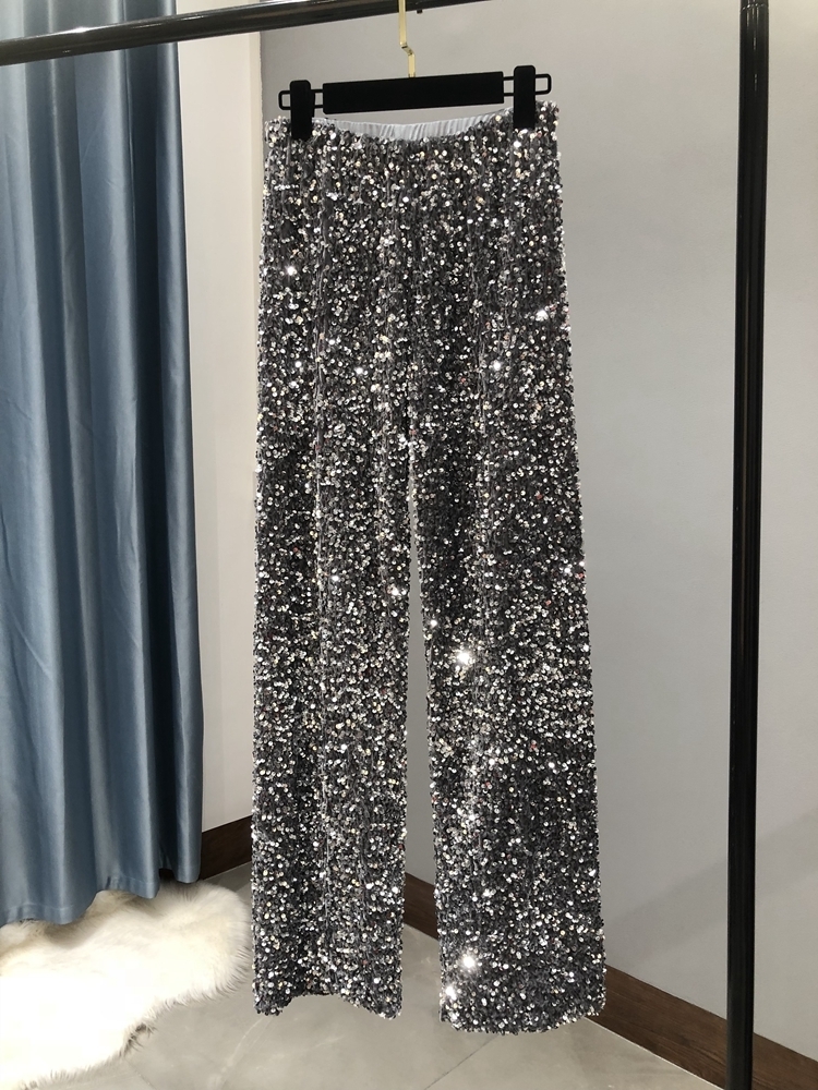 Autumn and Winter Woman Thickening Velvet Sequined Wide-Leg Long Pants Draping Mopping Shiny Straight-Leg Trouser 220325