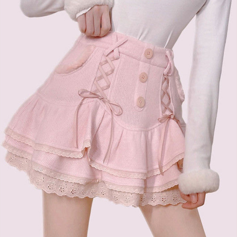 HOUZHOU Kawaii Lolita Mini Skirts Women Autumn Winter Fairycore Japanese Sweet High Waist Bandage Lace Pink Ruffle Layer Skirt 220317