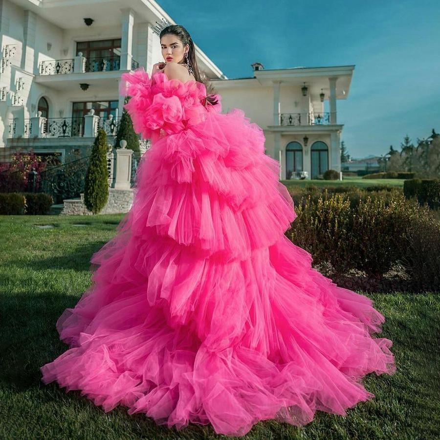 Puffy Pink High Low Prom Dresses One Shoulder Corset Tiered Tulle Celebrity Party Dress Short Front Long Back Formal Evening Gowns Women Girls Special