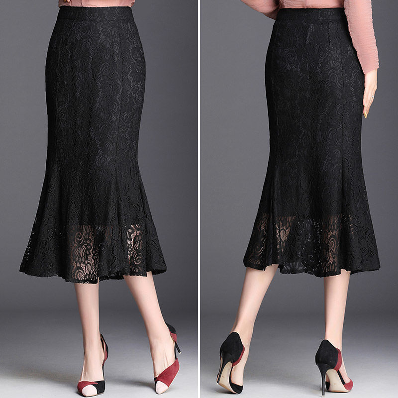 Women's Skirt Elegant Vintage Office Ladies All-match Lace Mermaid Skirts High Waist Zipper Bud Trumpet Midi 220322