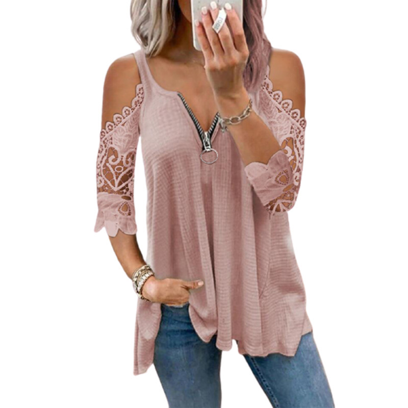 Summer Fashion Solid Color Casual Top Women's Sexy Low-Cut V-Neck Zipper Stitching Lace Mid-Sleeve Plus Size T-Shirt Women 220411