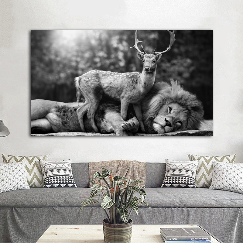 Nordic Poster Black And White Lion Deer Pictures Animal Lying Ground Canvas Painting Wall Art For Living Room Posters And Prints