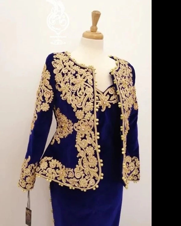 Vintage Royal Blue Velvet Prom Formal Dresses with Long Sleeve Jacket 2022 Gold Lace Karakou Algerien Outfit Evening Occasion Gown