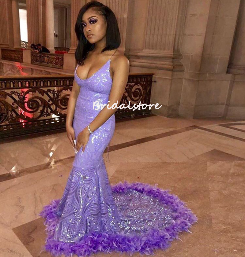Shiny Purple Sequin Mermaid Prom Dress 2022 For Black Girls Sexy V Neck African Aso Ebi Evening Dress With Feather Night Party Special Occasion Dresse