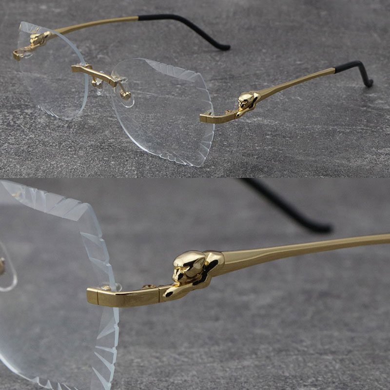 New Designer Diamond Cut Lens Cheetah series Stainless Rimless Frames Metal Carved lens Optical 18K Gold Silver Man Woman Large Eyewear Cat Eye Frame Size61-20-140MM
New Designer Diamond Cut Lens Cheetah series Stainless Rimless Frames Metal Carved lens Optical 18K Gold Silver Man Woman Large Eyewear Cat Eye Frame Size61-20-140MM