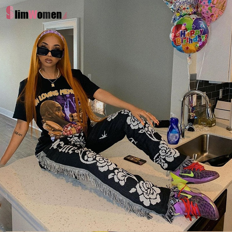 Vintage Side Tassels Patchwork Striped Print Jogger Pant Women Rave Festival Clothing Casual Streetwear Bodycon Sweat Pants 220325