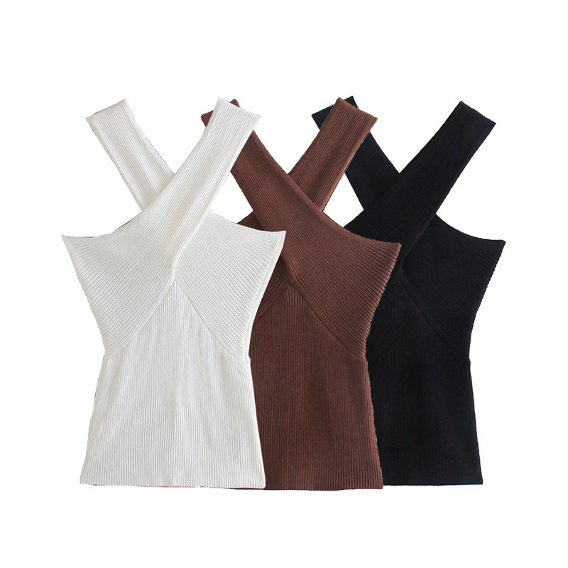 Women Strappy Cross Over Front Cut Out Halter Neck Sleeveless Backless Crop Top Bandage Vest Sexy Knitted Tops Woman Clothes 220325