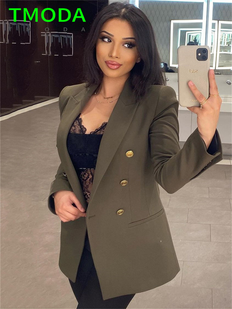 T MODA Women Fashion Golden Buttons ArmyGreen Blazer Coat Vintage Double Breasted Long Sleeve Female Outerwear Chic Tops 220402