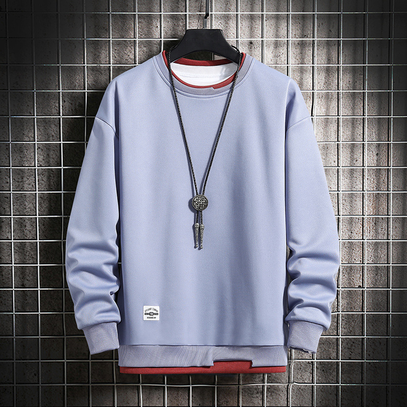 Men's Hoodies & Sweatshirts 2022 Spring and Autumn Long Sleeve O-neck T-shirt False Two Solid Color Round Collar Casual Top Male Pullover