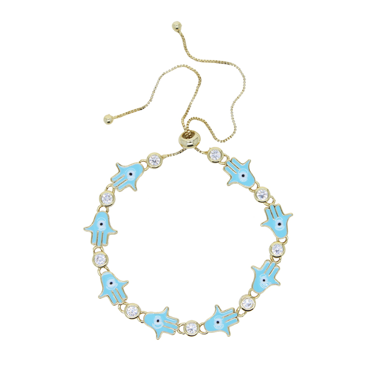 New Arrived Blue Pink Enamel Hamsa Hand Charm Connector Jewelry Gold Color Micro Pave Clear Cz Station Fatima Hand Bracelet