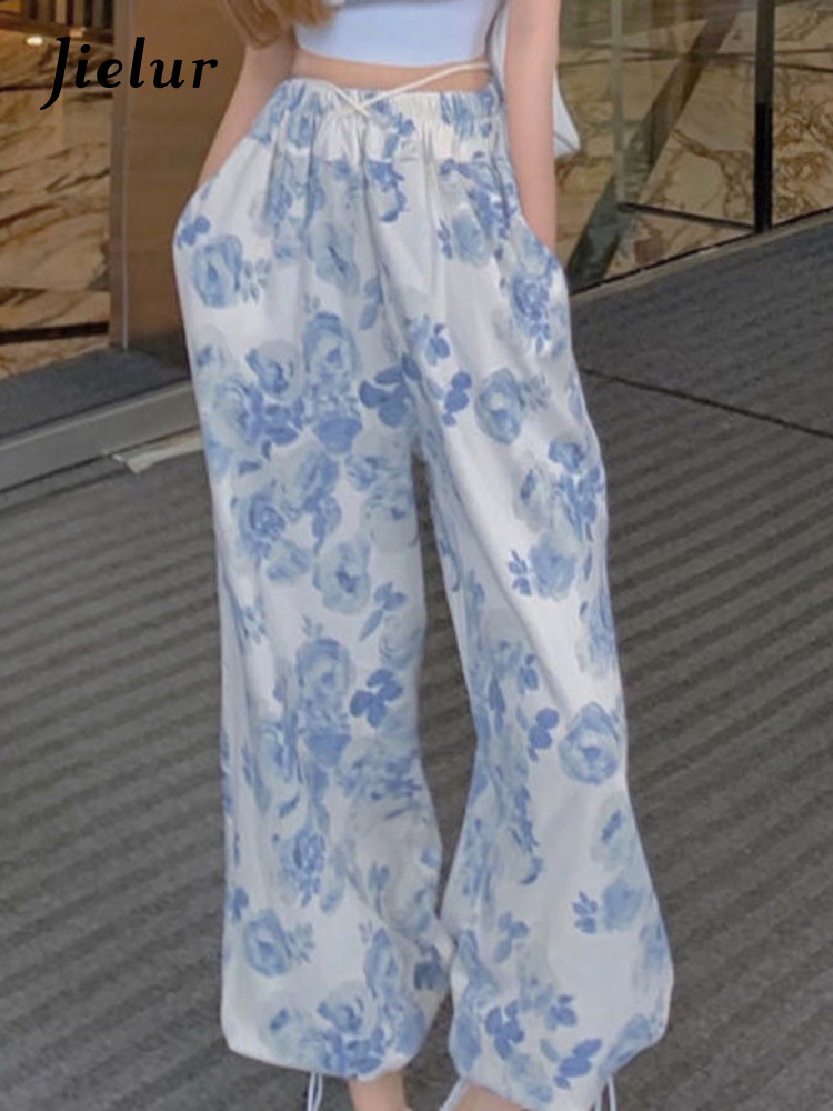 Jielur Sexy Y2K Floral Two Piece Top Pant Set Women Korean Casual High Street Summer Suit Elegant Mini Top Long Wide Leg Pants 220602