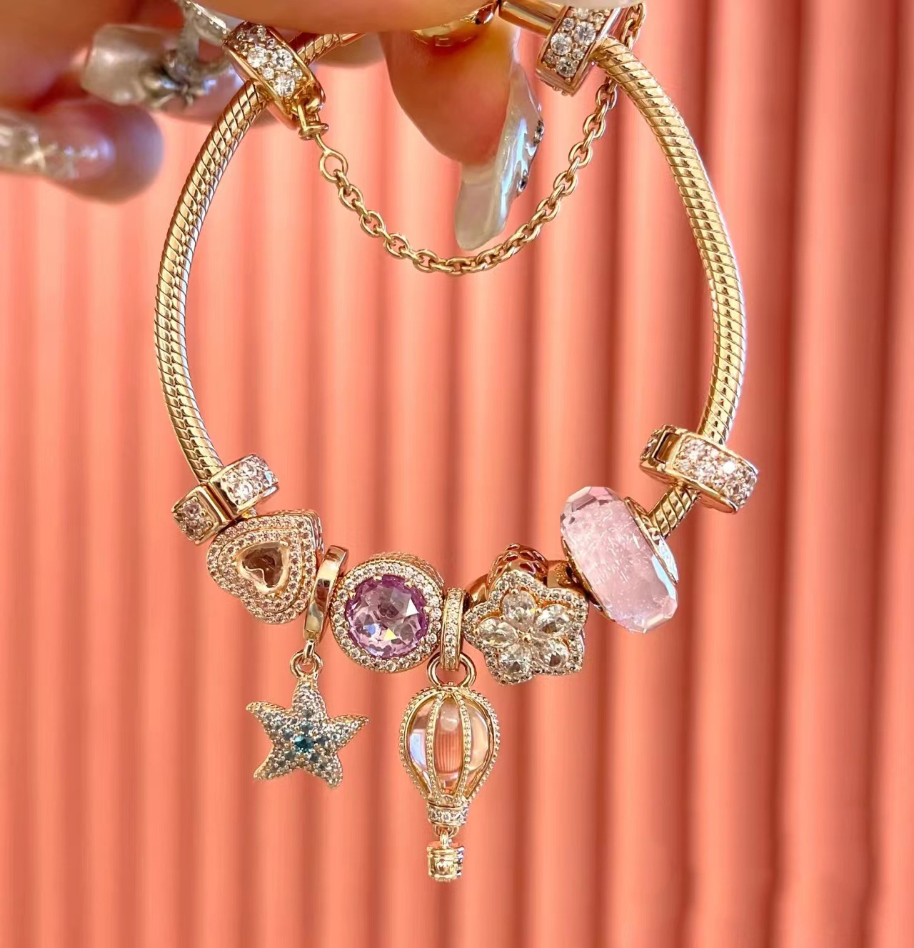 New Popular 925 Sterling Silver Rose Gold Pink Swirl Heart Solitaire Clip Charm Beads For S925 Snake Bracelet DIY Jewelry Women