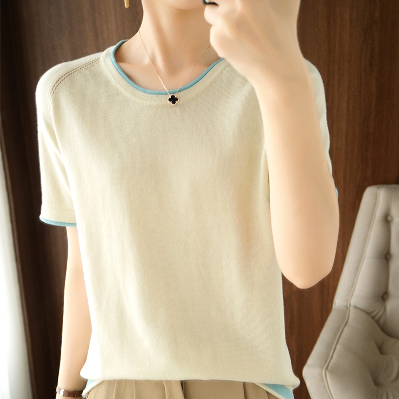 T-shirt women round neck sweater casual top tees slim Korean pullover large size cotton short sleeve 220328