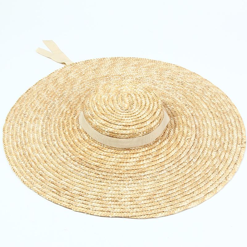 Wide Brim Hats 15cm Straw Hat Flat Top Summer Beach For Women Ribbon Boater Sun Gray Black Red Pink Blue With Chin Strap