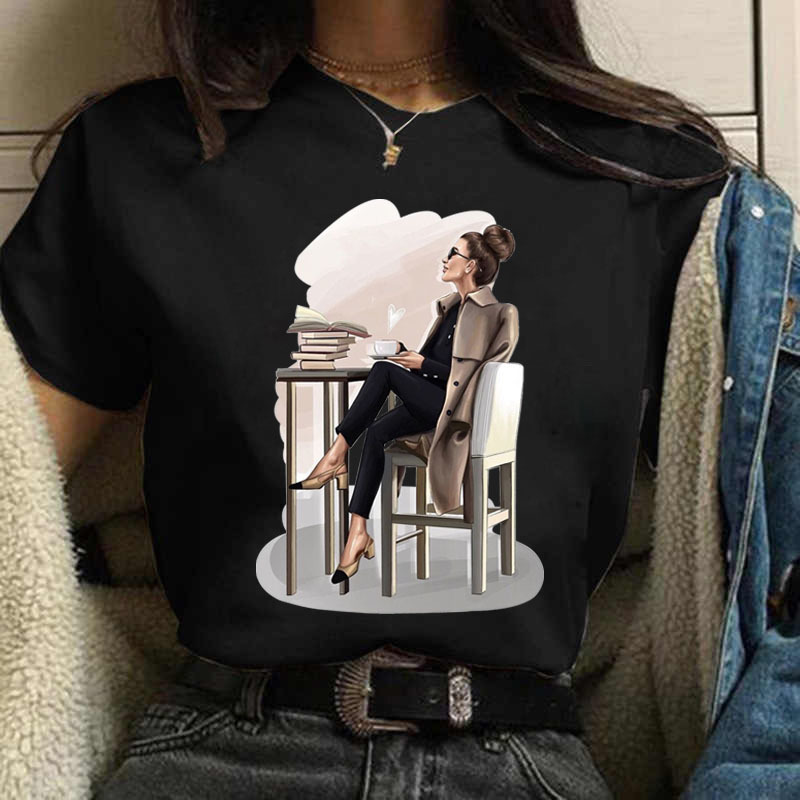 Coffee Girl Casual Womens Tshirt Black Womens Top Round Neck Womens Harajuku Fashion Short Sleeve 220527