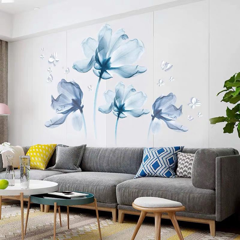 Large 3D Blue Flower Wall Stickers Butterfly for Home Decor Living Room Decoration Wall Decals DIY Wallpaper Art Poster