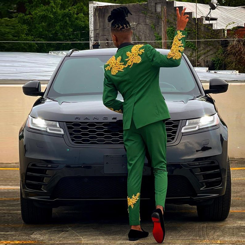 Green Slim Fit Mens Suit for Wedding Double Breasted Prom Tuxedos With Gold Appliques Junior Teen Boys Graduation Wear 0516