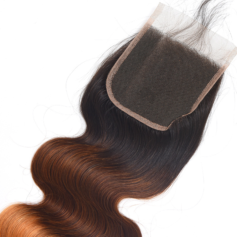 Brazilian Human Virgin Hair 1B/4/27 Silky Straight Body Wave Deep Wave 4X4 Lace Closure Free Part Ombre Color 10-24inch
