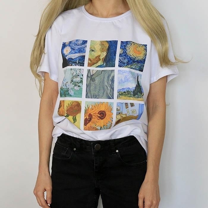kuakuayu HJN Van Gogh Painting Vintage Fashion Aesthetic White T-Shirt 90s Cute Art Tee Hipster Grunge Top 220321
