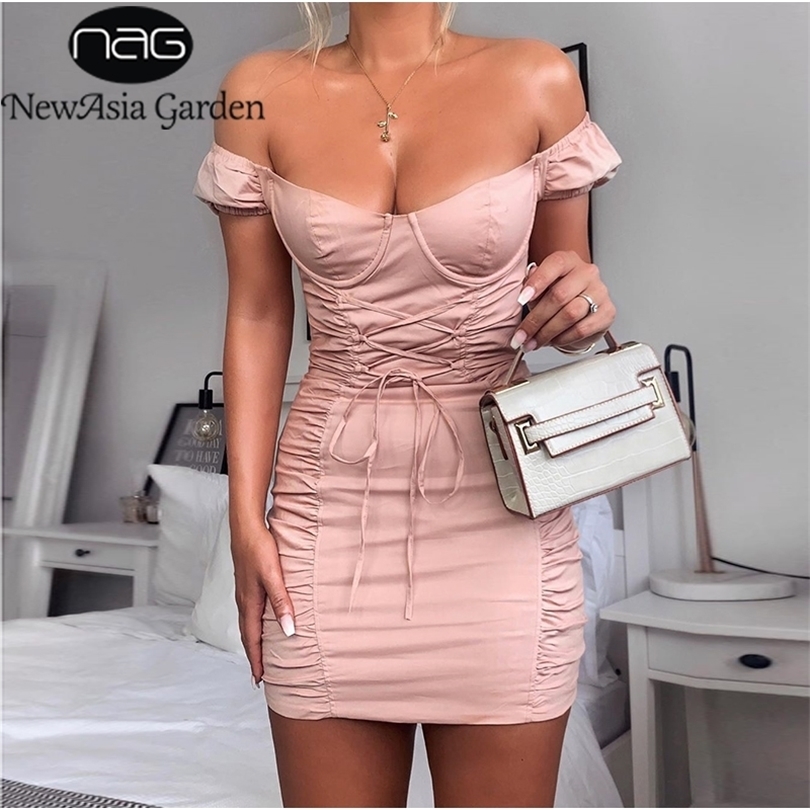 Off-Shoulder Puff Sleeve Sexy Party Dress | Bodycon Ruched Mini Lace-Up Summer Pink Collection T200320 B4