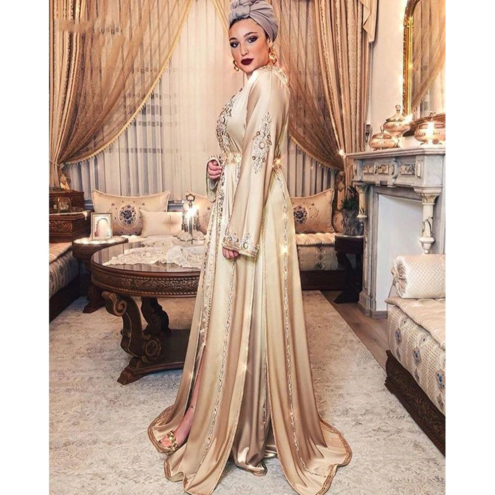 Laxsesu Moroccan Kaftan prom formal dresses 2022 hunter green gold embropidery lace Long Sleeve Arabic Muslim evening gowns