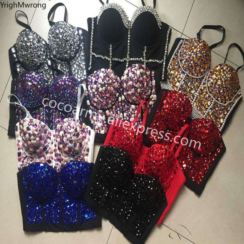Crystal Diamond Sequin Rivet Pearl Corset Bras Push Up Crop Top Punk Bustier Luxury Goth Ballroom Costume Stage Party 220325