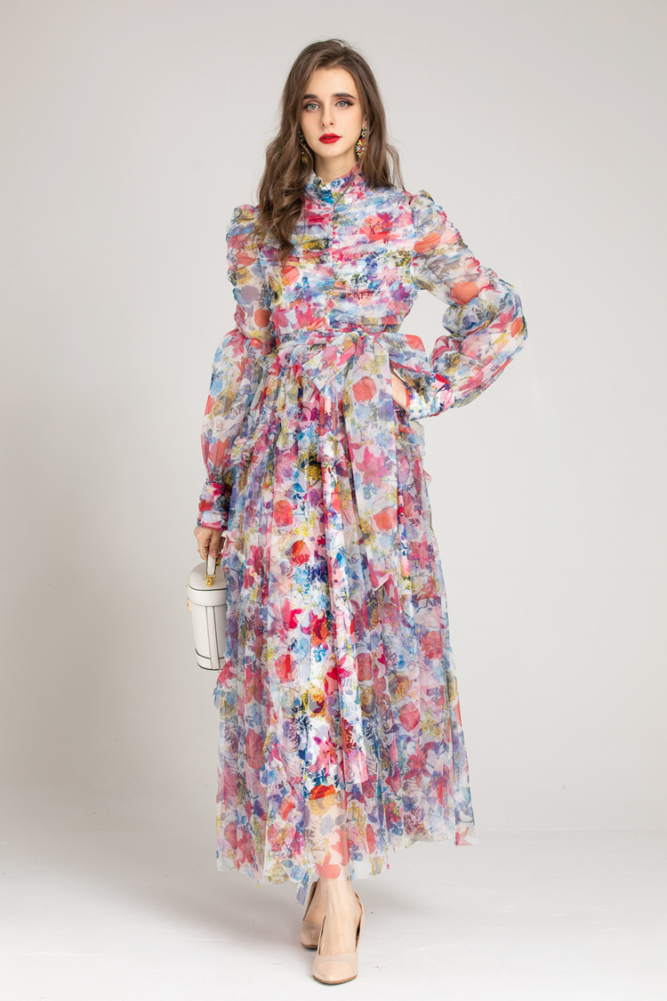 Women's Runway Dresses Stand Collar Long Sleeves Ruched Bodice Printed Elegant Fashion Party Prom Gown