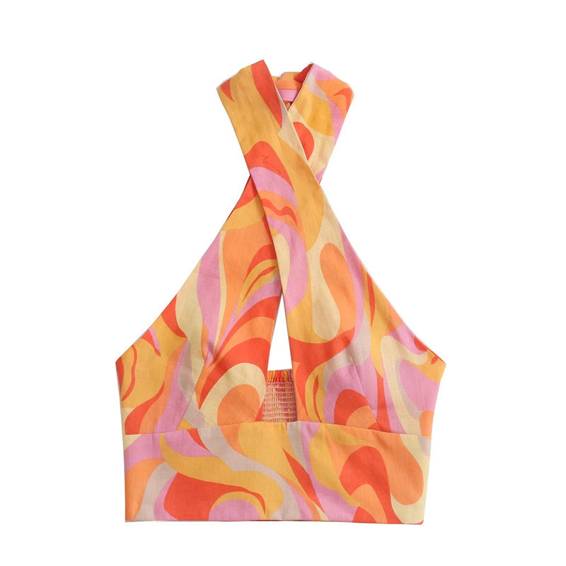 TRAF Halter Top Female Backless Crop Woman Print Sleeveless Summer s Ladies Fashion Tied Sexy Women Blouses 220325