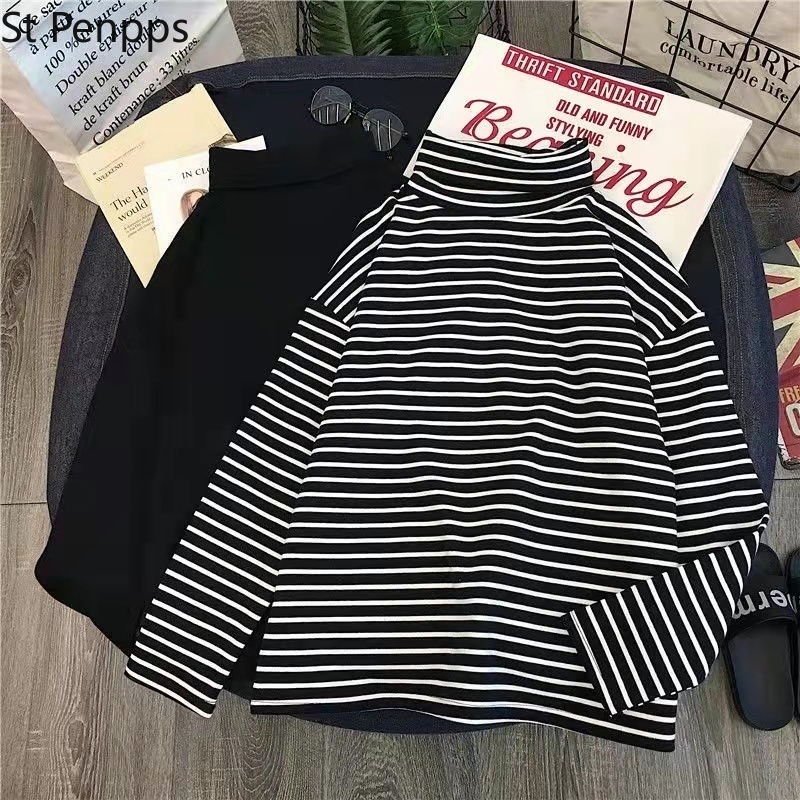 T shirts Women Long Sleeve Loose Striped Solid Turtleneck Womens T shirt All match Simple Leisure Korean Style Trendy Chic Soft 220714
T shirts Women Long Sleeve Loose Striped Solid Turtleneck Womens T shirt All match Simple Leisure Korean Style Trendy Chic Soft 220714