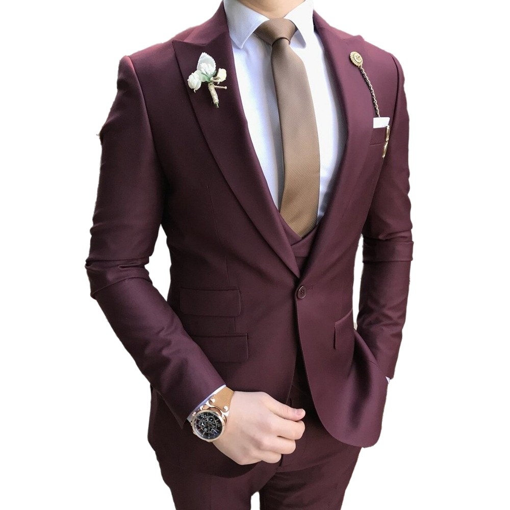 Burgundy Mens Wedding Tuxedos Peaked Lapel One Button Slim Fit Groom Wear 2 Piece Handome Groomsmen Dinner Prom Evening Party Blazer Jacket Pants