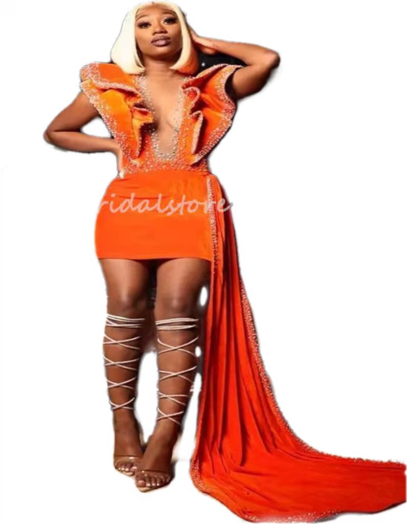 Luxury Black Girls Short Prom Dress Orange With Beaded Illusion Neck Ruffles Velvet Aso Ebi Evening Dress 2022 Cocktail Party Wear Special Occasion Ro