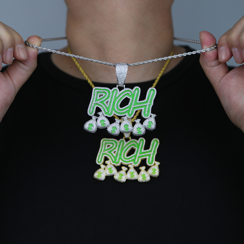 Iced out new style Letter Rich pendant paved full cubic zircon plated gold silver enamel green Glowing hip hop necklace for men boy us $ dollar shape 