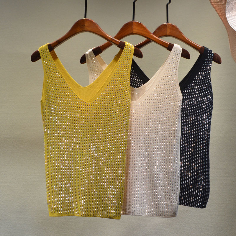 Women's Sexy Sequin Tank Tops Lace Up V-neck Jacket Basic Camis Vest Fashion Women Clothing Top Corset 220423