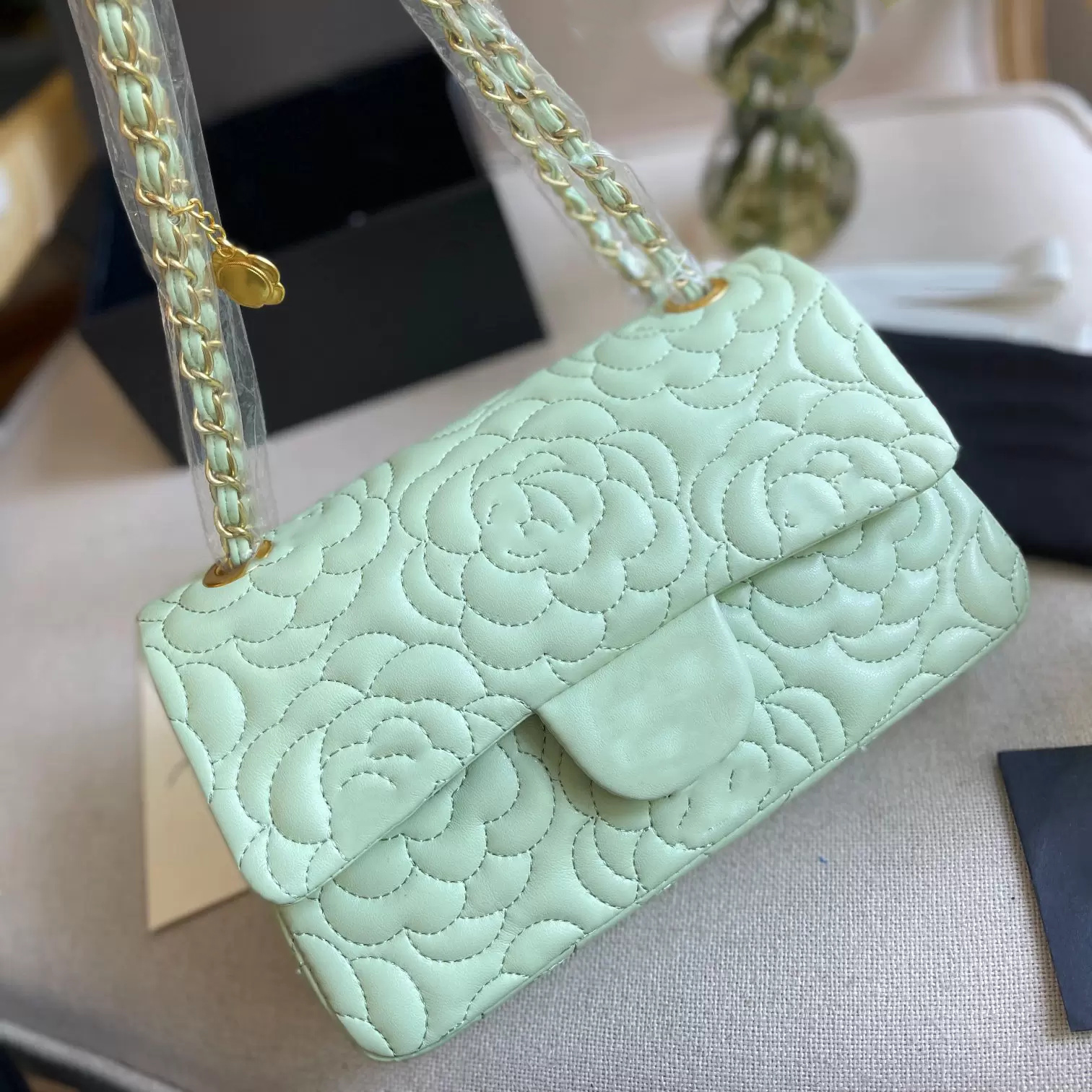 LY Camellia Double Flap Quilted Designer Bag Real Leather Embroidery Pink Green Gold Metal Chain One Shoulder Crossbody Coin Purse Luxury Ladies sacoche Handbag T19