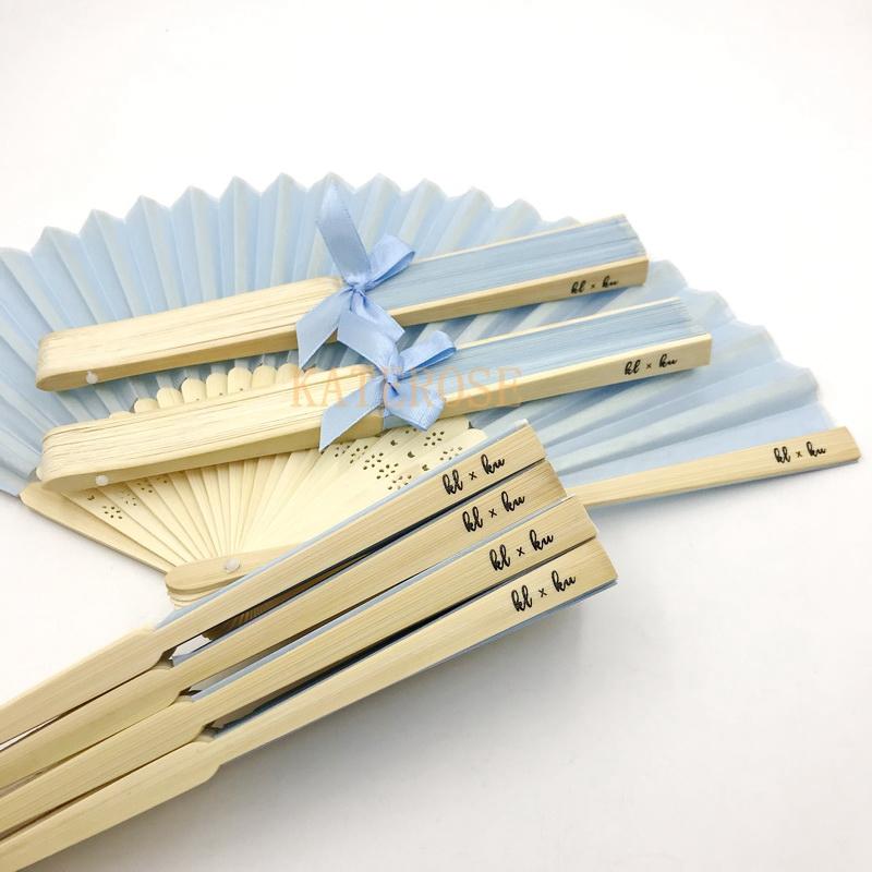 Light Blue Silk Fabric Hand Fan Customized Wedding Party Decoration Favors Small Foldable Fans Printing Text