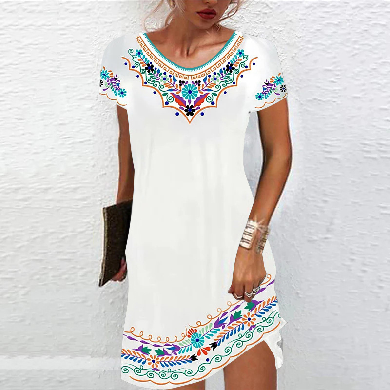 Women Casual Dresses Summer Floral Print Sundress Short Sleeve Loose Swing Shirt Dress