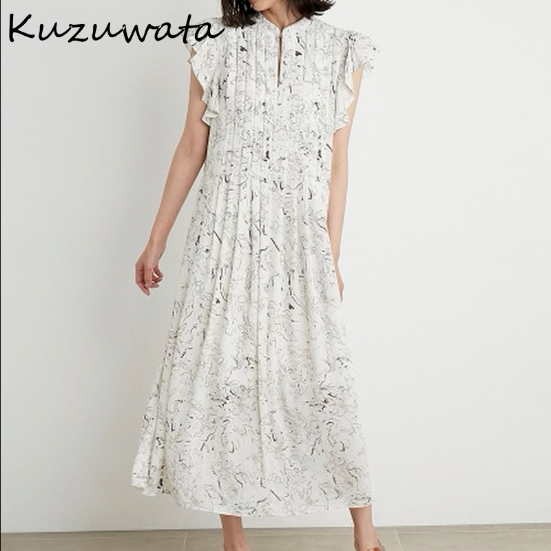 Kuzuwata O Neck Flying Short Sleeve Temperament Dress Women High Waist Hip A Line Long Slim Vestidos Summer Robe Print 220406