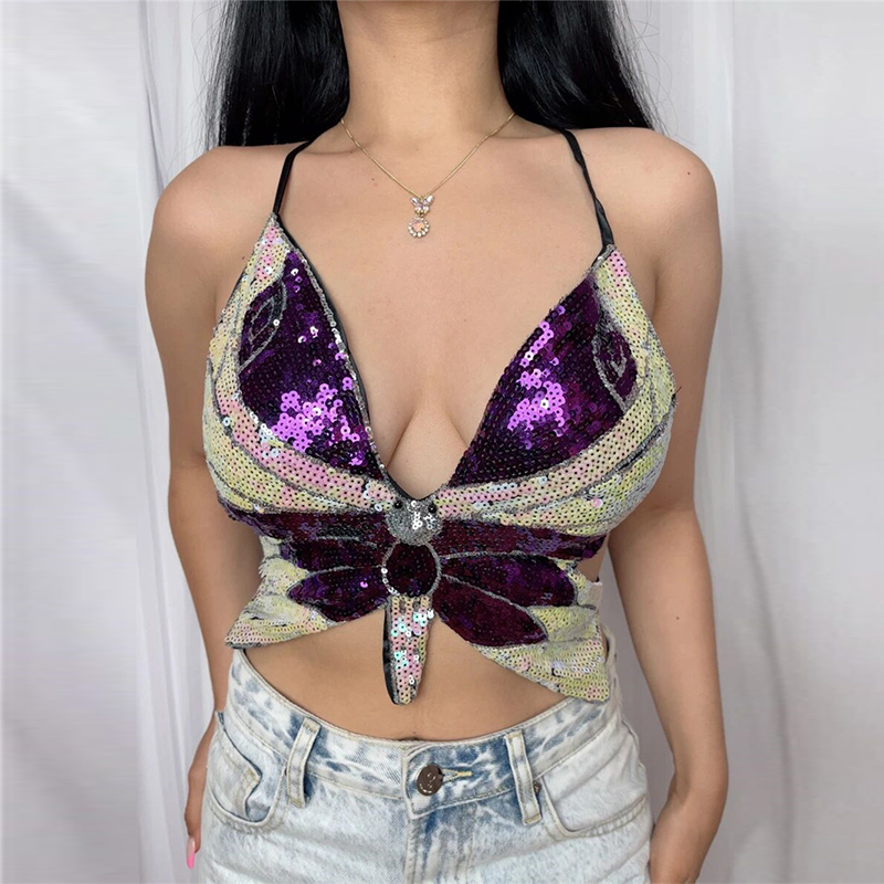 Y2K Sequin Butterfly Halter Top Women Costume Outfits Summer Backless V Neck Padded Club Festival Raves Sexy Crop Tops 220325
